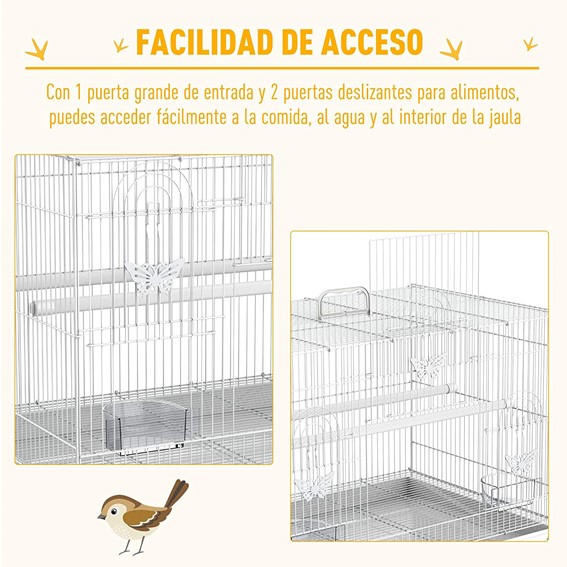 PawHut Jaula Pajaros 60x41x41cm Pajarera Pajaro Loros Canarios Cotorras Hierro Blanco